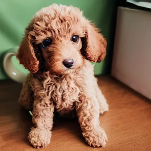 Image similar to very realistic cute light brown poodle puppy sitting inside a tea cup