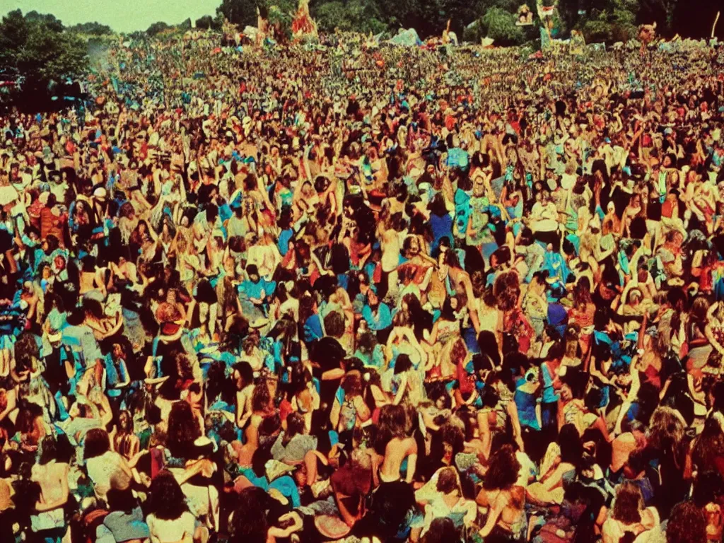 Prompt: 70s photo of trippy hippy festival Woodstock stage show with giant psychedelic mushrooms