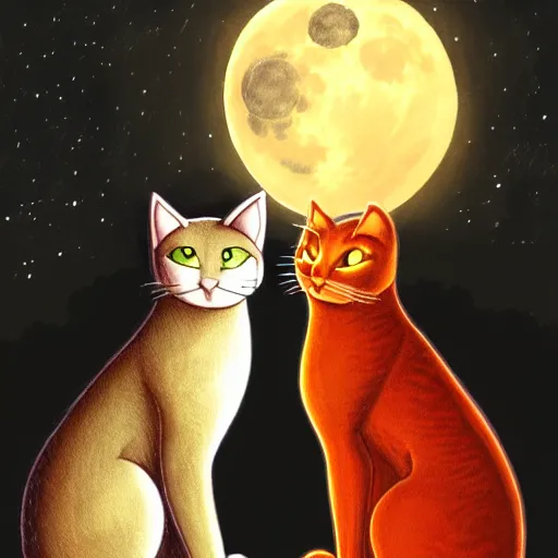 Image similar to Firestar and Ravenpaw sitting next to each other looking into the Moon, Warrior cats, Back side view, Erin Hunter, illustration of 2 cats, trending on artstation, beautiful Paintings