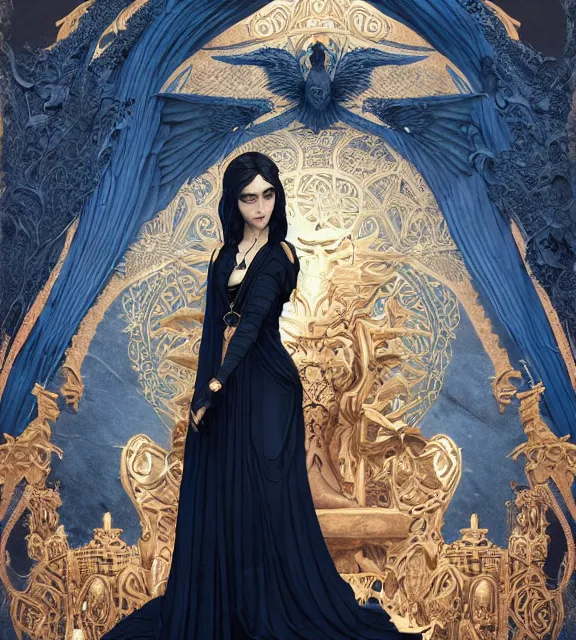 Prompt: god of death, young man, in the underworld, elegant dark blue dress, very detailed, throne, very intricate details, jewelry, gold line tattoos, elaborate long hairstyle, wings, cinematic, artstation, william bouguereau, alphonse mucha, greg rutkowski, rossdraws, octane render