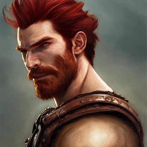 Prompt: portrait of a young, ruggedly handsome ranger, red hair, muscular, half body, leather, hairy, d & d, fantasy, intricate, elegant, highly detailed, digital painting, artstation, concept art, smooth, sharp focus, illustration, art by artgerm and greg rutkowski and alphonse mucha
