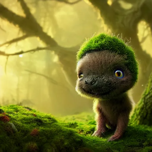 Prompt: a highly detailed digital painting of a tiny cute mossy forest creature by bobby chiu, trending on artstation, octane render, 4 k, unreal 5, big amber eyes, smiling, at sunset, macro photography, goro fujita