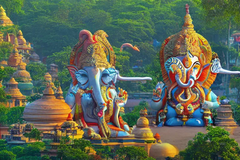 Image similar to high quality 3 d dreamscape! biomorphic ganesha head building in the middle of serene country setting!!, kalighat highly detailed, cinematic smooth, stephen shore & john j. park, soft morning light, wide shot, high angle, uhd 8 k, deep focus