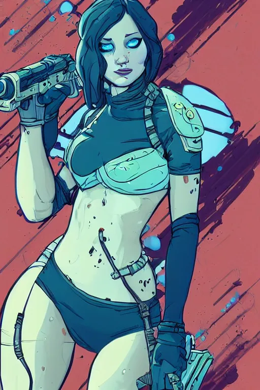 Image similar to a study of cell shaded portrait of Jennifer Lawrence Siren as a Borderlands 3 character, llustration, post grunge, concept art by josan gonzales and wlop, by james jean, Victo ngai, David Rubín, Mike Mignola, Laurie Greasley, highly detailed, sharp focus, alien, Trending on Artstation, HQ, deviantart, art by artgem