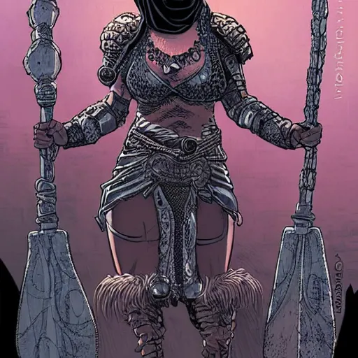 Image similar to a warrior woman in a dark robes covered by modern body armor, her face is covered by a chain - mail veil, she is holding a long staff, intricate, elegant, highly detailed, smooth, sharp focus, high contrast, graphic novel, art by michael choi and laurie greasley,