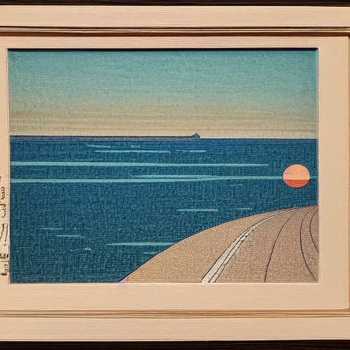 Prompt: A road by the sea, as the sun sets on the horizon, in the style of kawase hasui