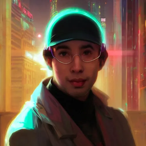 Image similar to portrait Ron Wisly with visor in cyberpunk, harry potter, neon lighting, night city, digital art from artstation by Ruan Jia and Mandy Jurgens and Artgerm and william-adolphe bouguereau and Greg Rutkowski