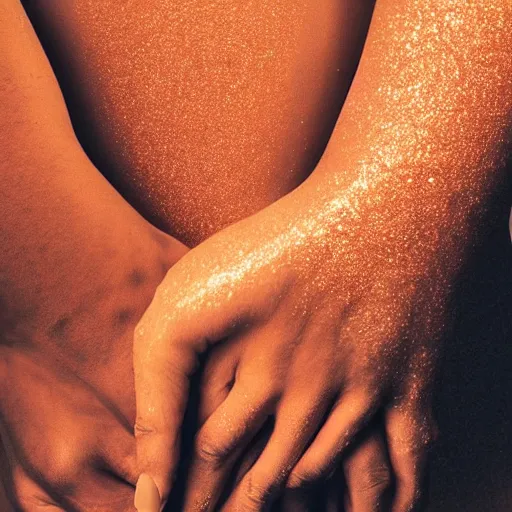 Image similar to sensual bodies intertwined in orange light, wet skin, close together, holding each other tight, drops of water, beautiful hands, no head, no face, torso, backlit, 8 k, realistic