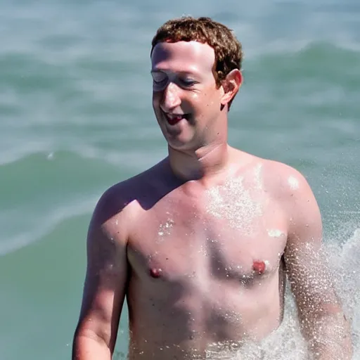 Prompt: Mark Zuckerberg covered in lots and lots of sun screen, completely covered in white. On a surf board in the ocean. Sun screen dripping everywhere