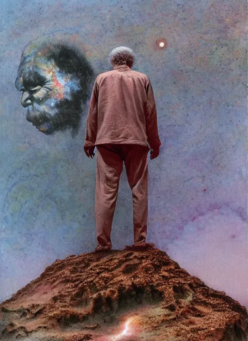 Image similar to Morgan Freeman exploring the space as creator of the world, overview in style of beksinski