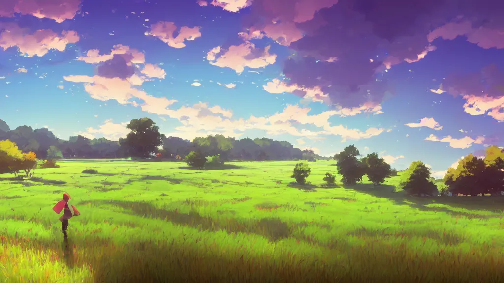 Image similar to landscape of a farm field background, rich vivid colors, ambient lighting, dynamic lighting, 4k, HQ, official media, concept art, anime key visual, makoto shinkai, ilya kuvshinov, lois van baarle, rossdraws, detailed, trending on artstation