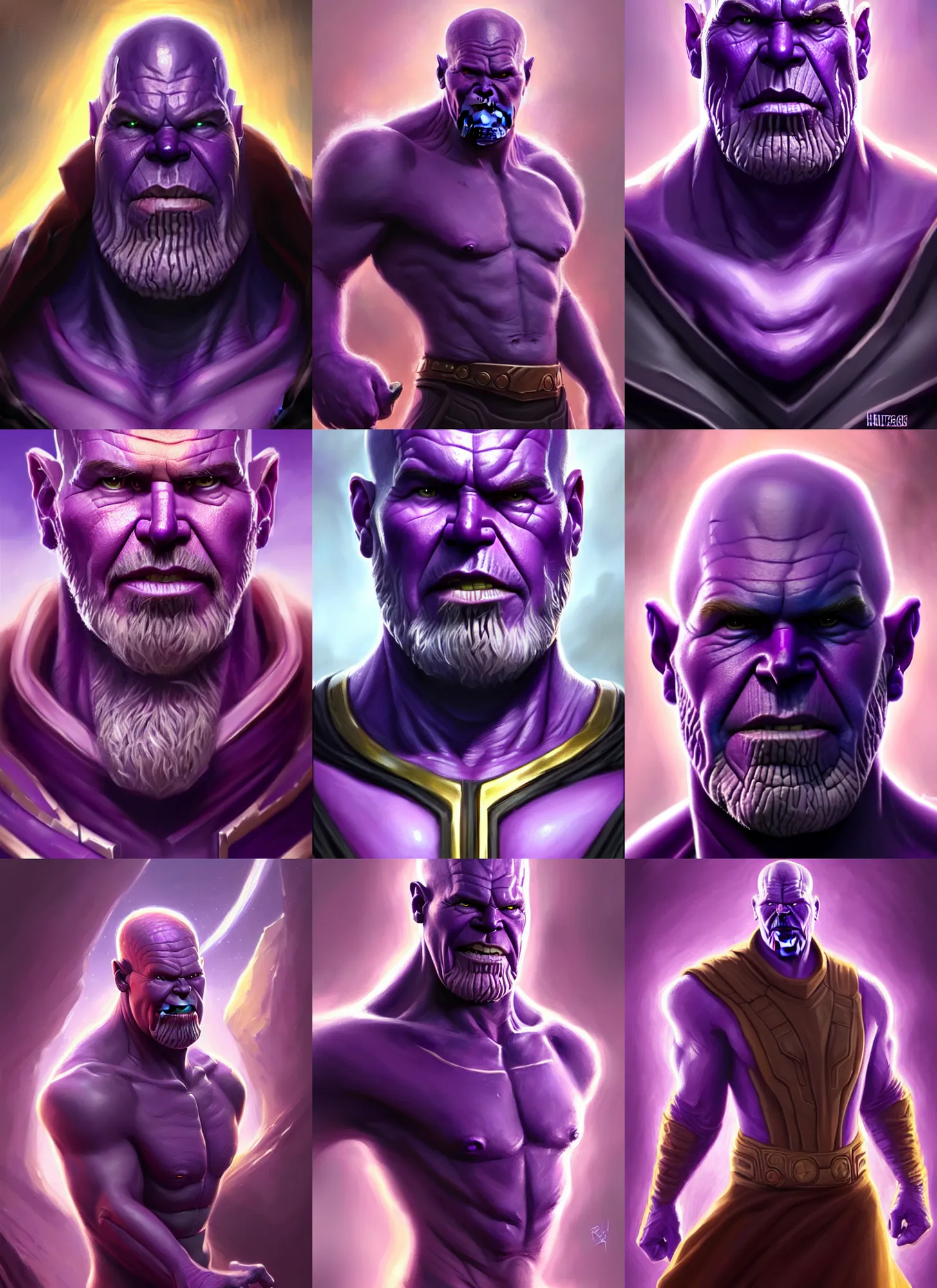 Prompt: a fantasy style portrait painting a character if harrison ford and thanos had a son, purple skin, powerful chin, thanos style traits, painting, unreal 5, daz., rpg, portrait, extremely detailed, artgerm greg rutkowski _ greg