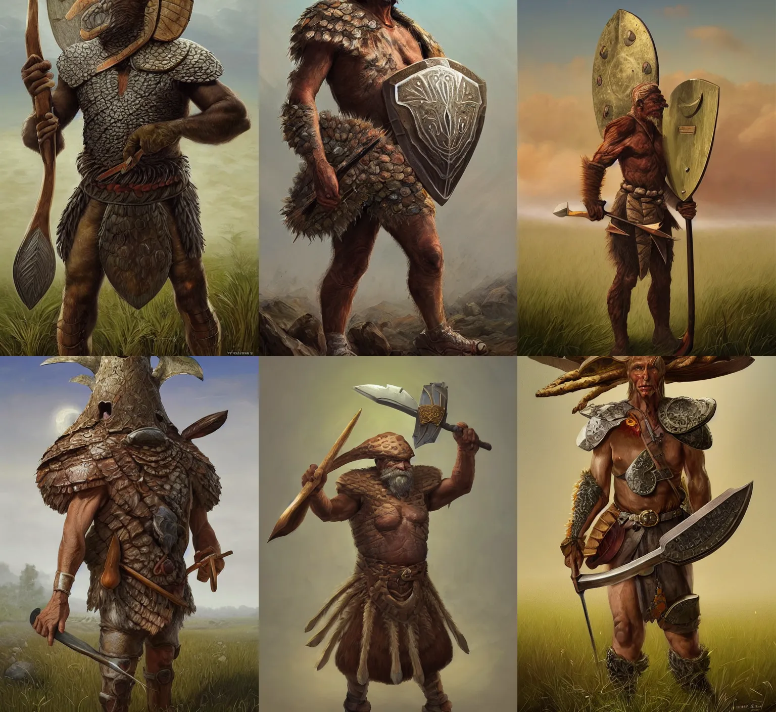 Prompt: full body artwork of an experienced hunter-gatherer with a shield axe, wearing an organic carapace armor, incredibly detailed, D&D, finished concept art, digital art by Vladimir Kush, trending on Artstation
