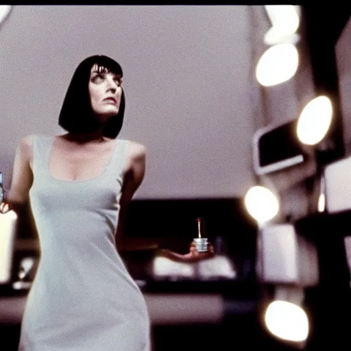 Image similar to movie still of robotic mia wallace, cinematic composition, cinematic light, criterion collection, by quentin tarantino