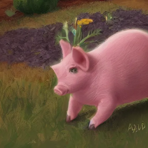 Image similar to cute and adorable little piggy pig doing some gardening wearing a cute hat, highly detailed, digital painting, artstation, concept art, smooth, sharp focus, illustration, art by yee chong and sydney hanson