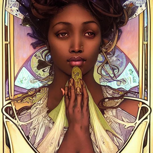 Prompt: realistic detailed face portrait of an African queen by Alphonse Mucha, Amano, Charlie Bowater, Karol Bak, Greg Hildebrandt, Jean Delville, and Mark Brooks, Art Nouveau, Neo-Gothic, gothic, rich deep moody colors