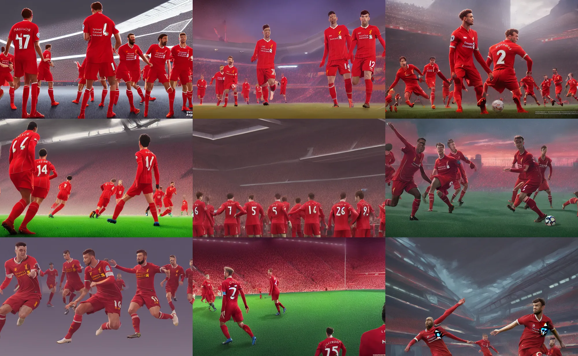 Prompt: liverpool football club, highly detailed, digital painting, realistic, trending on artstation, Pixar and Disney animation, Unreal Engine 5, film key art, concept art, Ralph McQuarrie, Bloom, dramatic lighting