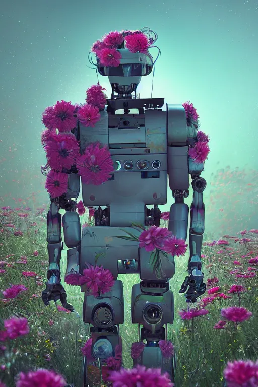 Prompt: a painting of a robot with flowers in his face, a raytraced image by Mike Winkelmann, cgsociety, panfuturism, made of flowers, cryengine, prerendered graphics