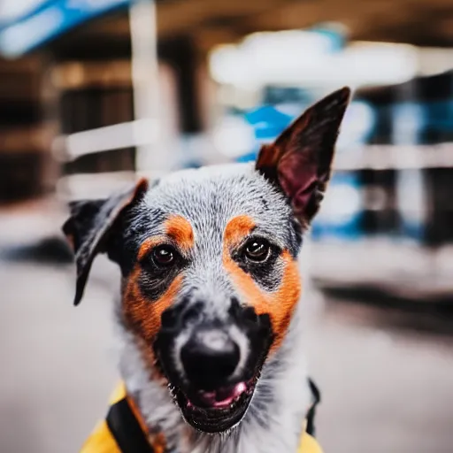 Image similar to blue heeler dog on a motorcycle, 8 k photography, blurred background of a wafflehouse