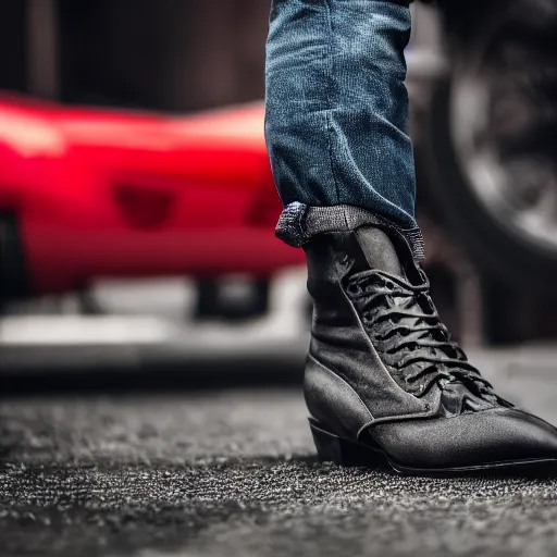 Image similar to a person wearing boots that are made from Lamborghini parts, ultrafine detail, sharp focus