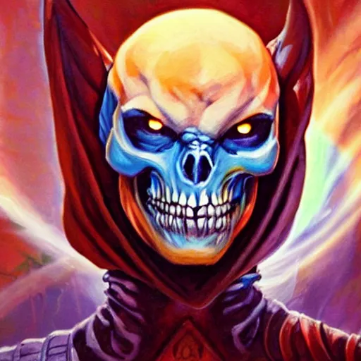 Image similar to avatar painting of skeletor, dnd beyond avatar portraits, beautiful, artistic, elegant, lens flare, magical, nature, realism, stylized, art by jeff easley and genndy tartakovsky