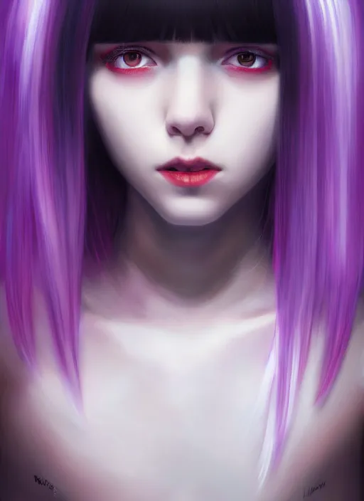 Image similar to hair whitebangs hair, black hair, whitebangs, portrait of teenage girl with white bangs, red irises, purple clothes, white bangs, bangs are different color from hair, intricate, elegant, glowing lights, highly detailed, digital painting, artstation, concept art, smooth, sharp focus, illustration, art by wlop, mars ravelo and greg rutkowski