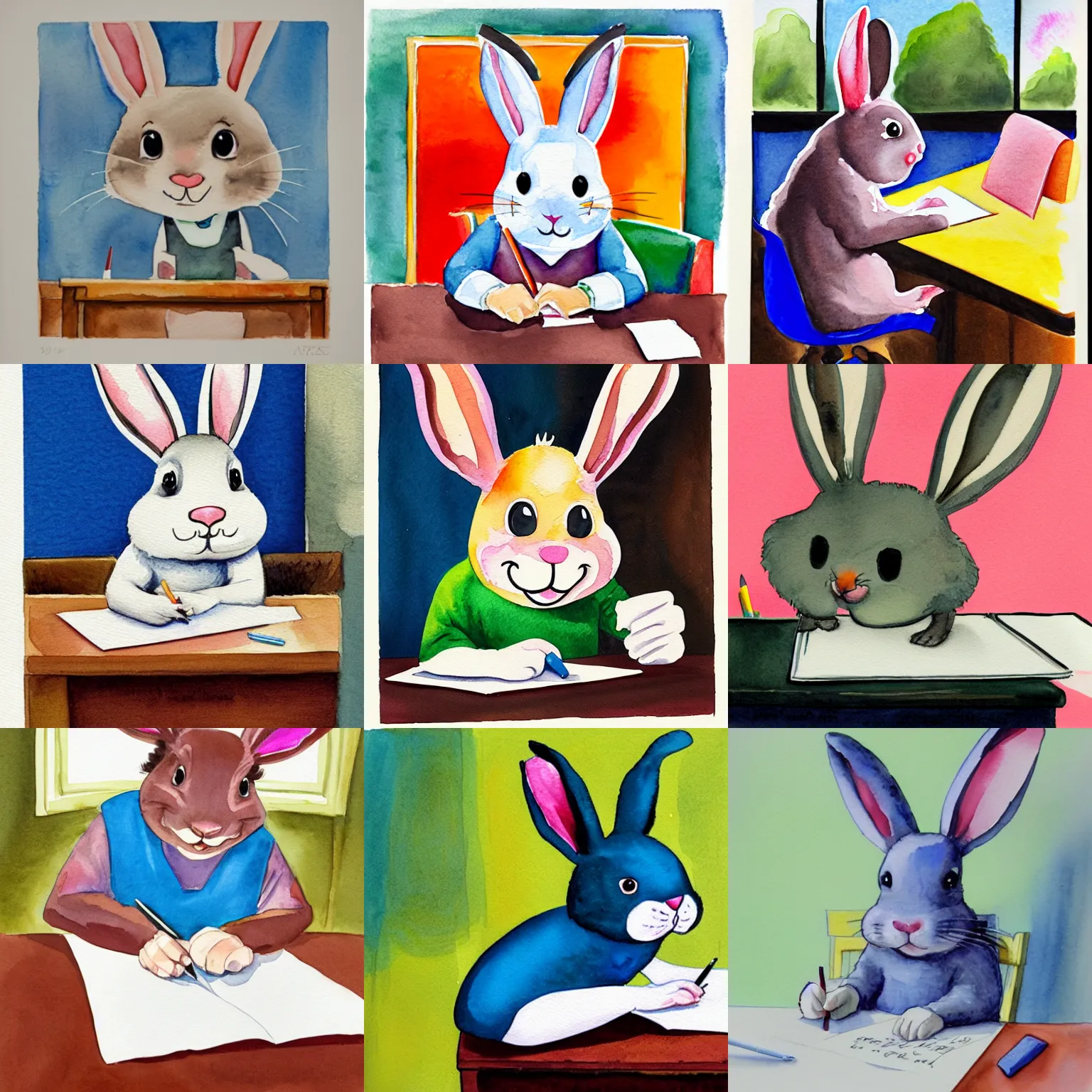 Prompt: a watercolor painting of a cute happy cartoon rabbit sitting at a desk writing on a paper, Alex Ross, live colors