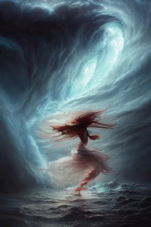 Image similar to a fractal dancer in a tornado emerges from a stormy sea by artgem and greg rutkowski, highly detailed, vivid colors, trippy, nebula, trending on artstation