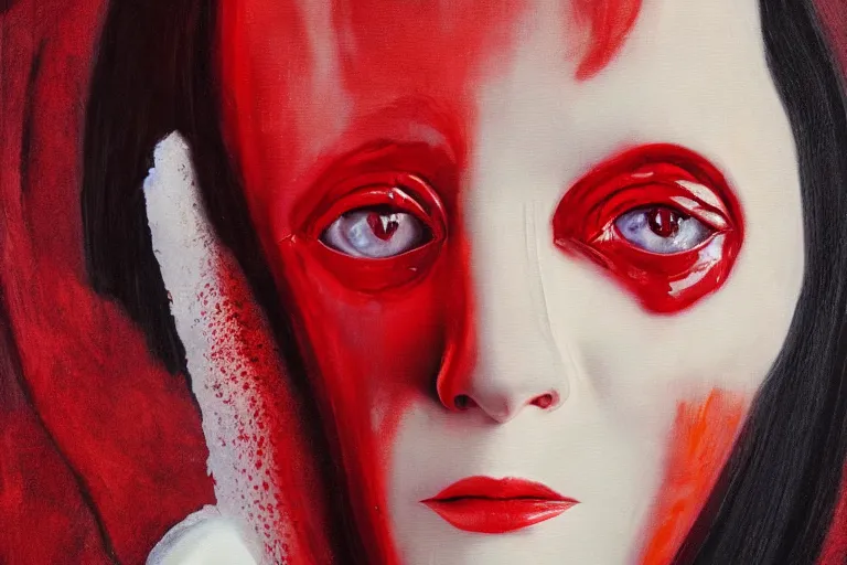 Prompt: hyperrealism oil painting, close-up portrait of nun fashion model, melted cyborg, red paint, in style of classicism mixed with 70s japan book art