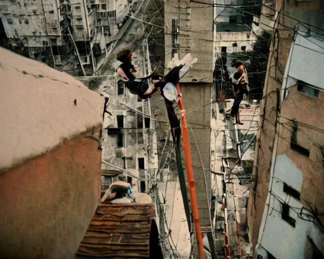 Image similar to lomo photo of roofjumpers climbing on roof of soviet hrushevka, small town, cinestill, bokeh, out of focus