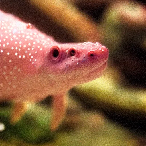 Prompt: Close up of an axolotl in an aquarium, insanely detailed, octane render, cinestill 800t, low light and soft focus