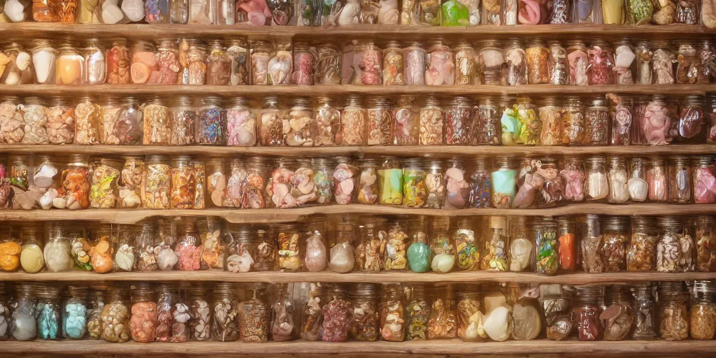 Image similar to Inside an old fashioned sweet shop, sweet jars on shelves with beautiful labels, fantasy vendor interior, wide angle, cinematic, highly detailed, cinematic lighting, photorealistic, colourful, trending on artstation