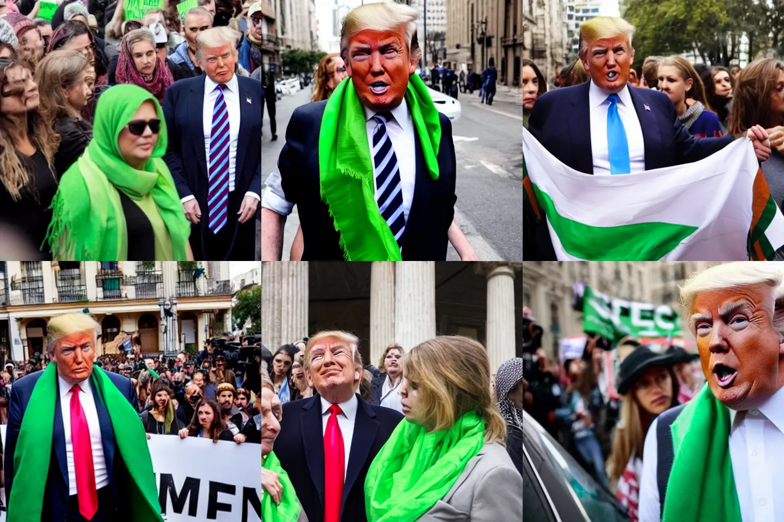Prompt: Donald Trump wearing a green scarf in a feminist protest in Argentina