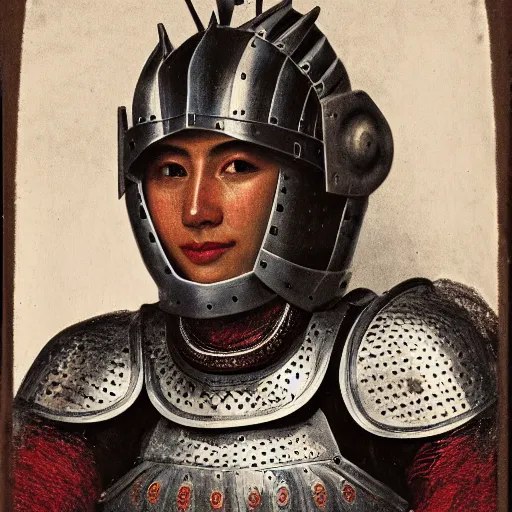 Prompt: head and shoulders portrait of a female knight, quechua!, lorica segmentata, cuirass!, tonalist, symbolist, realistic, ambrotype, baroque, detailed, modeled lighting, vignetting, indigo and venetian red, angular, smiling, armadillo