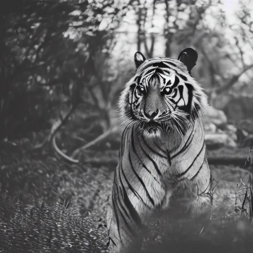 Image similar to woman from rising silent posing with a tiger in a garden, 1 9 2 0 s photography, trending on unsplash, black and white photography, intricately defined, complexly detailed, 4 k photorealism, golden ratio!!!!!, centered!!!!!