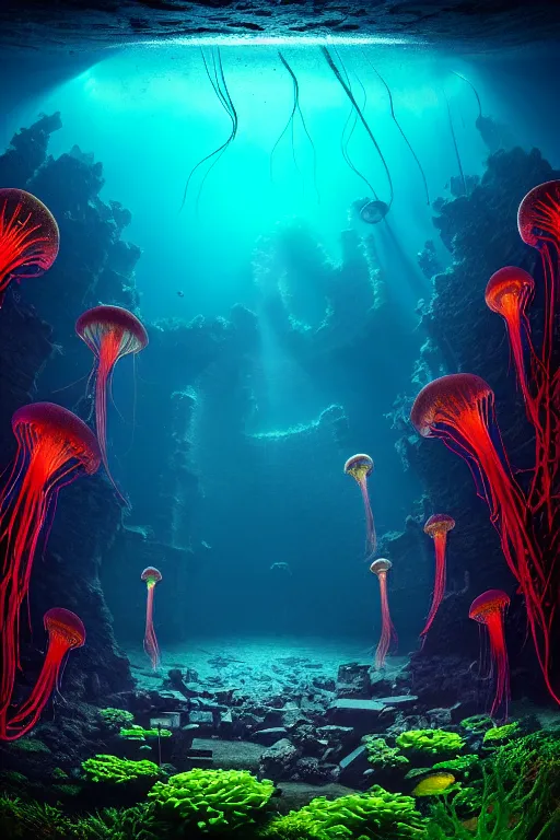 Prompt: high quality photo of cinematic underwater dystopian neo - gothic cathedral ruins with giant bioluminescent colorful aquatic plants and jellyfish, digital art masterpiece, aykut aydogdu eric zener, dramatic volumetric light, extreme long shot, ground angle uhd 8 k, sharp focus