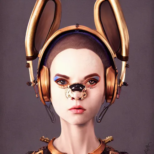 Prompt: ilya kuvshinov, curiosities carnival, soft paint of a single bald beautiful female in a full steampunk armor, rabbit - ear helm, symmetry accurate features, focus, very intricate ultrafine details, award winning masterpiece