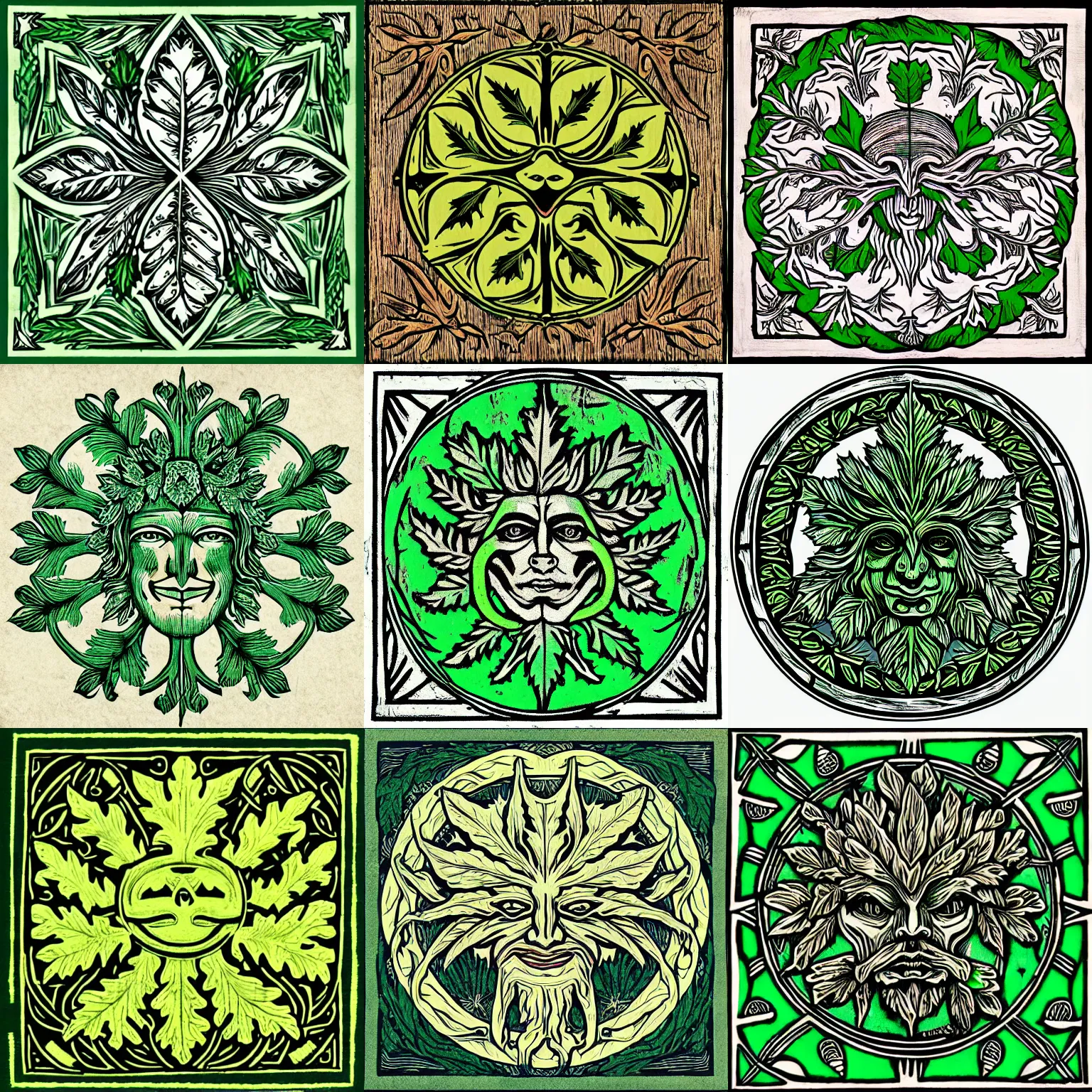 Prompt: a symmetrical pagan green man design, coloured woodcut, oak leaves, highly detailed, album cover