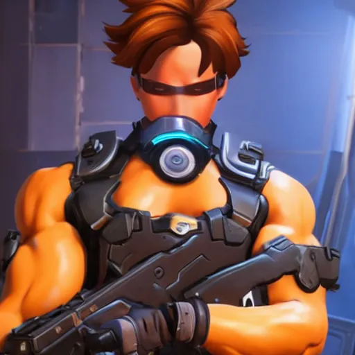 Prompt: a screenshot of arnold schwarzenegger as tracer in overwatch, full body shot