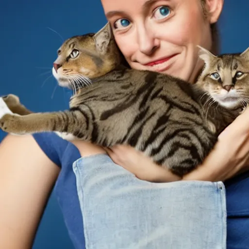 Prompt: A woman holding seven cats in her arms, and they are about to fall