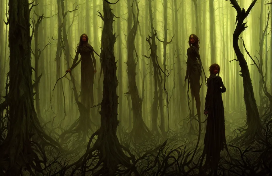 Image similar to shadow people inside a dark horror forest, heroic lighting, folklore, intricate, highly detailed, lifelike, photorealistic, digital painting, artstation, illustration, concept art, smooth, sharp focus, art by John Collier and Albert Aublet and Krenz Cushart and Artem Demura and Alphonse Mucha