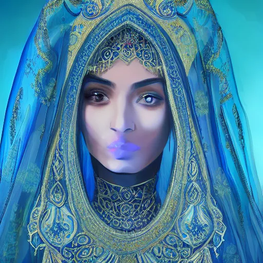 Prompt: beautiful persian woman behind a blue veil, symmetrical, short dress, glowing eyes, intricate details, full body, detailed face, ultradetailed, 8 k, epic atmosphere, digital art by simon cowell and moebius