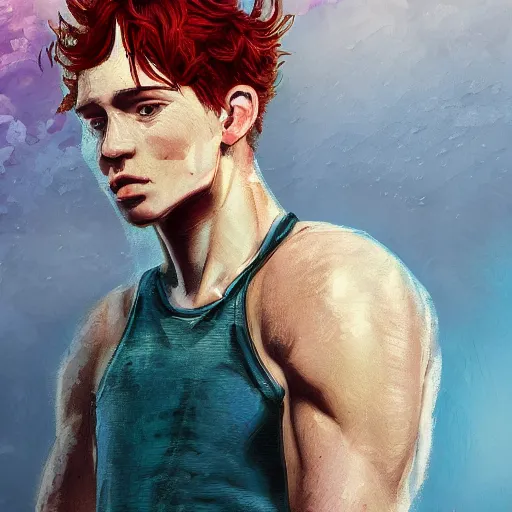 Image similar to portrait of a teen boy with long red hair and a lot of freckles and muscular, intricate, highly detailed, digital painting, artstation, sharp focus, illustration