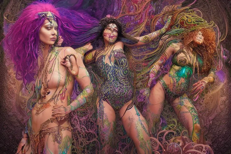 Image similar to a centered full body render of goddess festival hippies with tribal tattoos surrounded by a underwater ink pour and flowing liquid galium and sacred geometry, perfect face, powerful, cinematic, beautifully lit, by artgerm, by karol bak, by donato giancola, 3 d, trending on artstation, octane render, 8 k