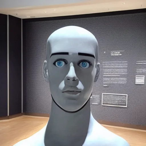 Image similar to “ a realistic detailed photo of a guy who is an attractive humanoid who is half robot and half humanoid, who is a male android, actor liam hemsworth, shiny skin, posing like a statue, blank stare, at the museum, on display ”