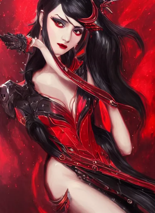 Image similar to a highly detailed illustration of beautiful long hime cut black hair woman wearing a red battle dress, red eyes, dramatic smile pose, intricate, elegant, highly detailed, centered, digital painting, artstation, concept art, smooth, sharp focus, league of legends concept art, WLOP