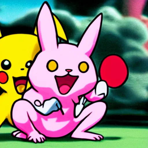 Prompt: Pink panther in a fight with pikachu