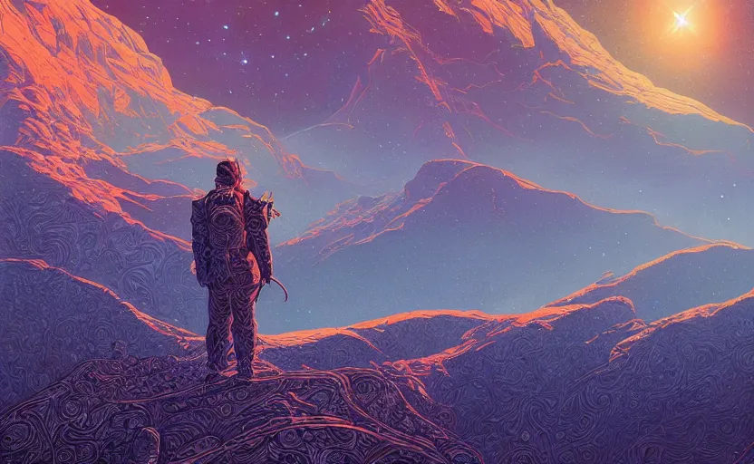 Image similar to mountains, stars and paisley filled sky, artstation, intricate, highly detailed, digital painting, concept art, sharp focus, illustration by Michael Whelan and Kilian Eng
