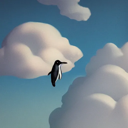Prompt: realistic penguin wearing a jetpack flying through a cloud