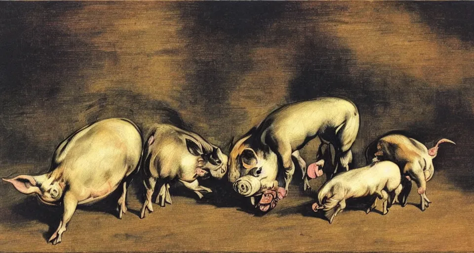 Prompt: trading pigs for swine by salvador dali and goya